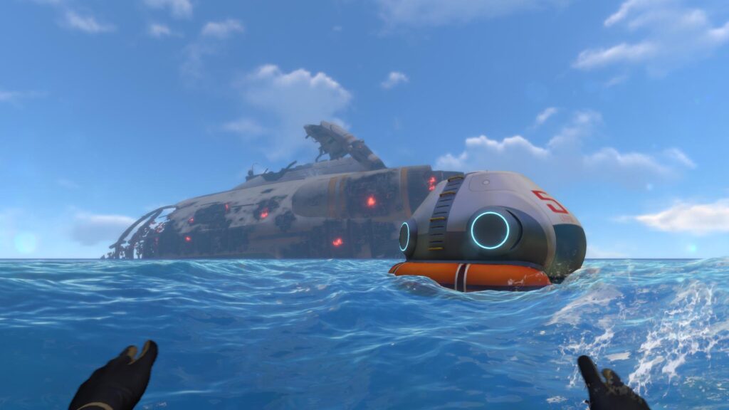 A screenshot of the opening moments of the game "Subnautica". The player is swimming in endless ocean, with a futuristic lifeboat in the front, and the wreck of a large spaceship in the background.