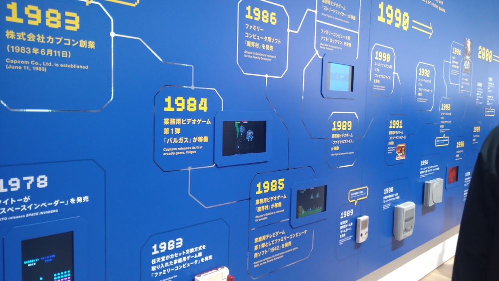 A picture of a wall in the museum, containing small monitors with representative capcom games, and a short blurb about their release year nearby"