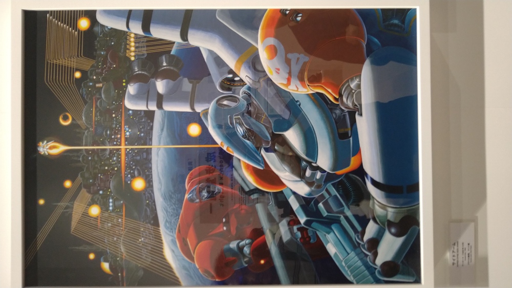 A picture of a game poster, featuring three giant robots and a space station in space