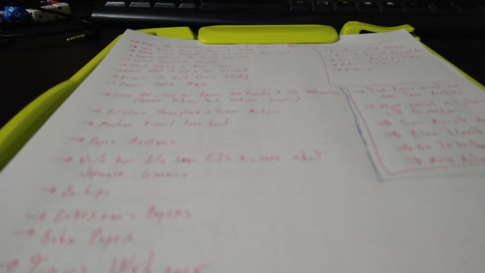 A blurry photo of a sheet of paper with way too many tasks written on it.