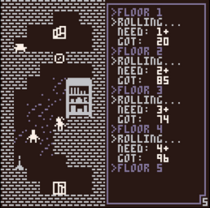 Screenshot of "the tower" game. Two human characters are in a dungeon-like room, with a bookcase nearby. An upstairs is behind a bubble door. On the right, a text prompt says: "Floor 1, Rolling... need 1+ got 20. Floor 2, Rolling... need 2+ got 85. Floor 3, Rolling... need 3+ got 74.