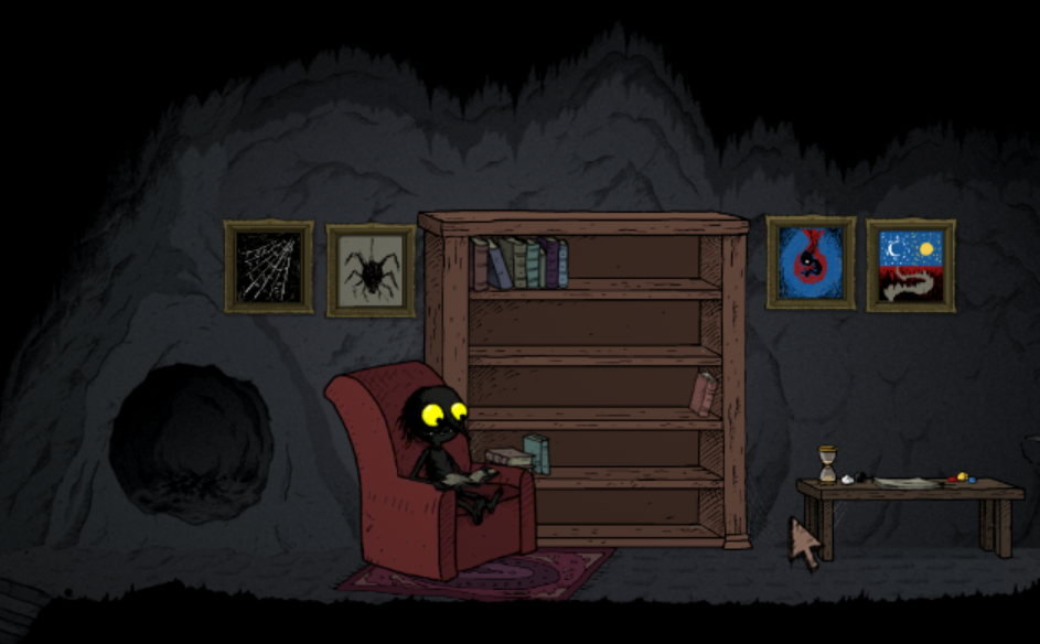 Screenshot for the game The Longing. The Shade (main character) is sitting in a sofa inside a cave, reading a book. The cave has several drawings hanging on its walls, and a small rug under the sofa. The image evokes a cozy feeling.