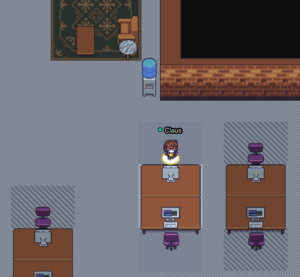Screenshot of Gather.Town. My character is sitting on a virtual office.