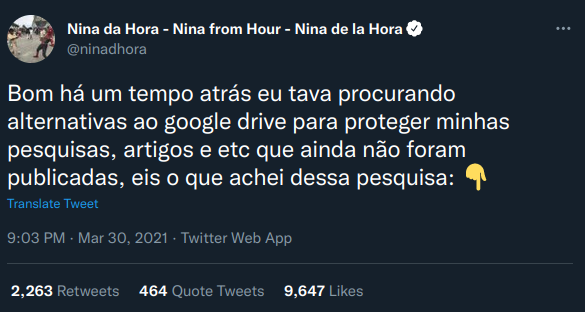 Tweet by Nina da Houra about Google Drive alternatives