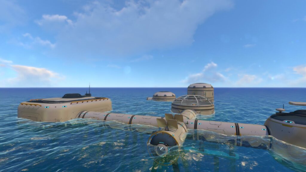 A screenshot of the game subnautica. A vast ocean, and a futuristic base floating in the middle of it.