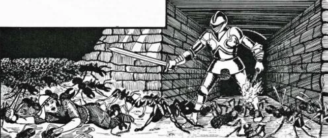 A drawing of two RPG adventurers in a dungeon, being attacked by giant ants. One of them is standing, wearing armor and wielding a weapon. The other is laying on the ground, covered in ants.