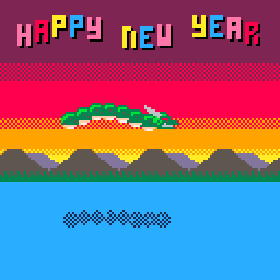 A pico8 animation. A green dragon flies over a body of water, against a morning sky. Mountains and trees scroll in the background. The words "Happy New Year" wave at the top.