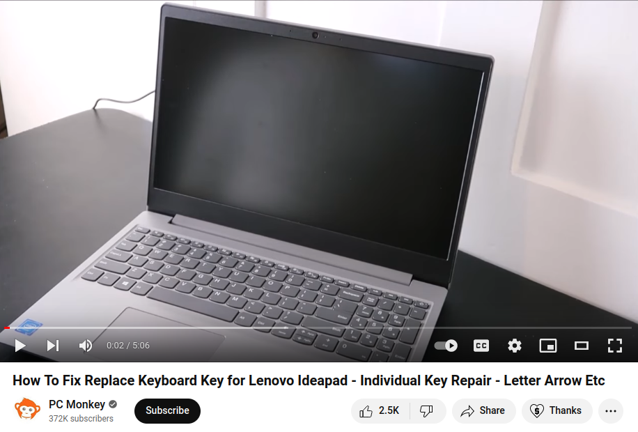 Screenshot of the Youtube Video mentioned in the post. The video's title is "How To Fix Replace Keyboard Key for Lenovo Ideapad - Individual Key Repair - Letter Arrow Etc"