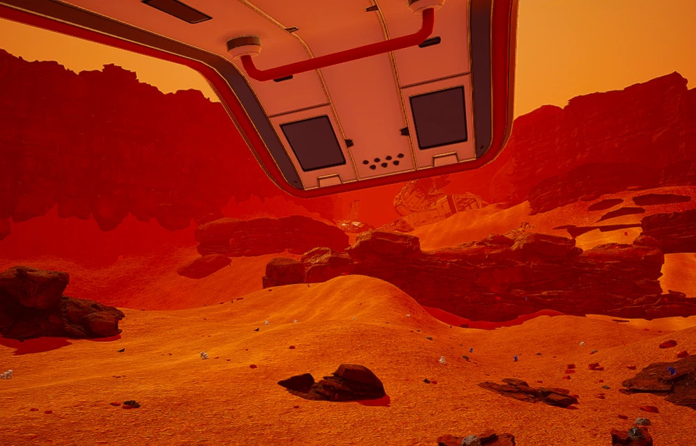 Screenshot from the game The Planet Crafter. A 3D view of an orange, inhospitable alien terrain.